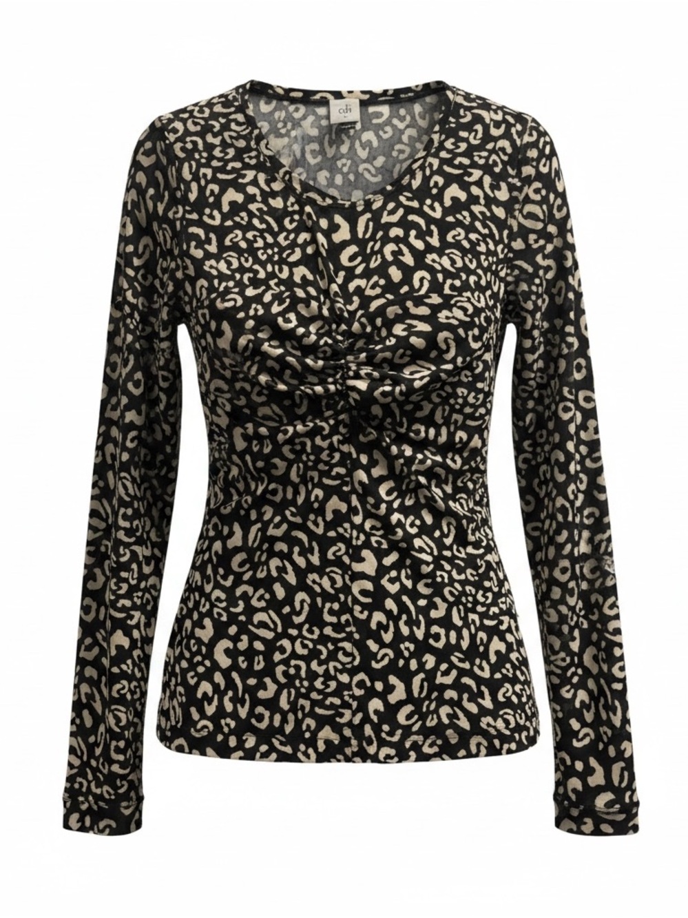 CAbi Black and Cream Leopard Twist-Front Long Sleeve Tee